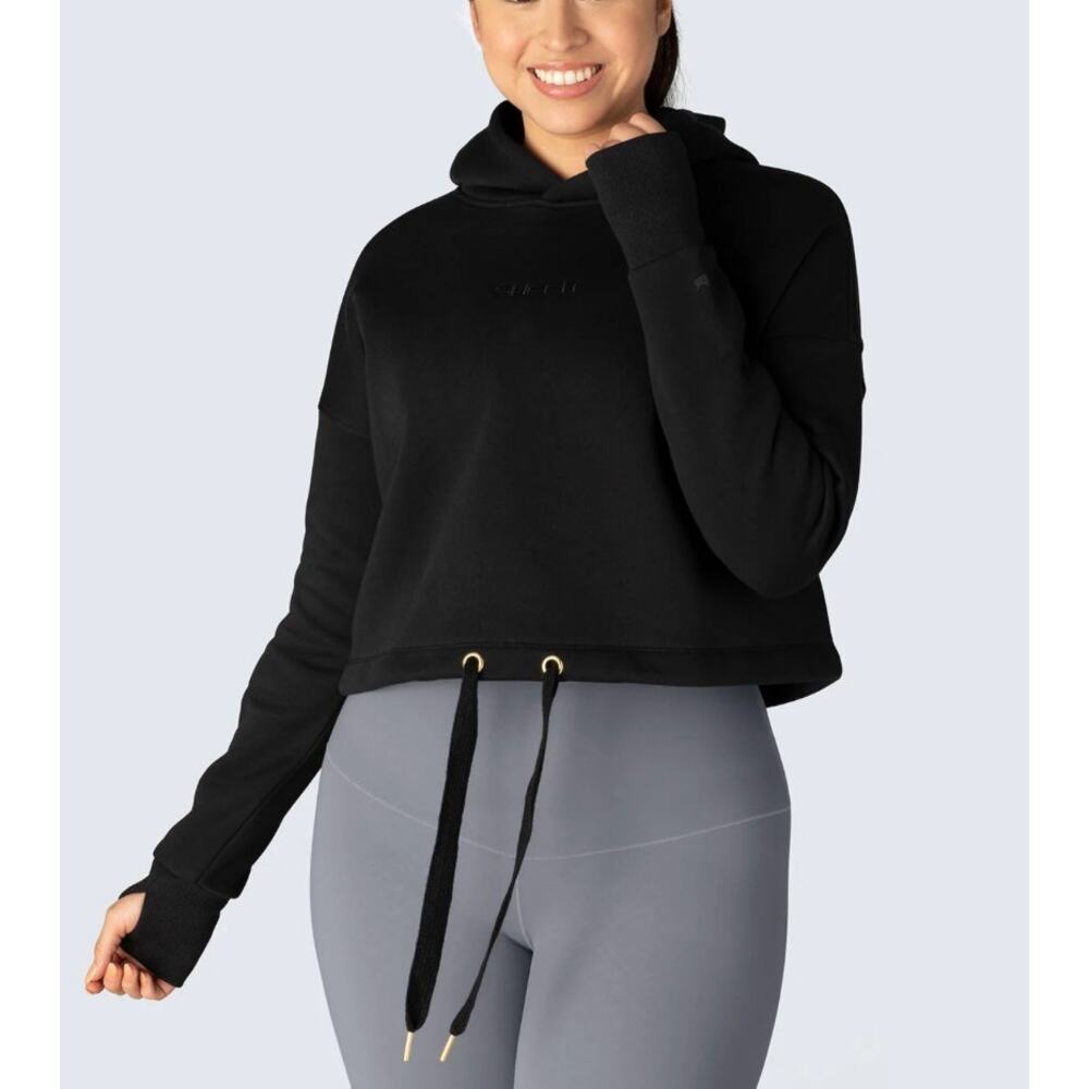 SHEFIT Black Cropped Hoodie Women’s‎ SZ S Logo Athleisure Activewear Gym Lounge
